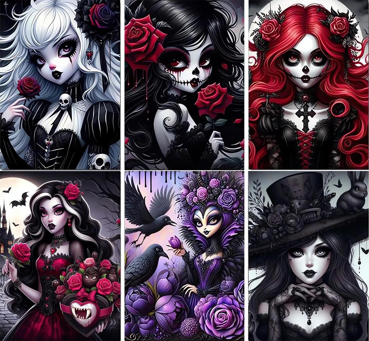 6-Pack Gothic Girl Diamond Painting Kits for Adults – Princess 5D Full Drill DIY Diamond Art, 12x16 Inch Wall Décor for Beginners & Gifts